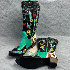 Embroidered rivet color-matched high boots