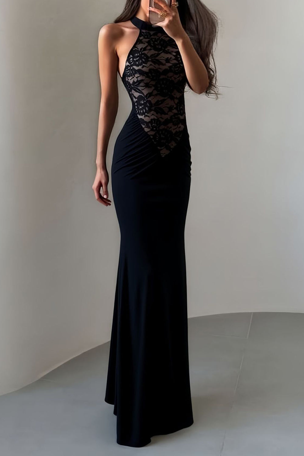 Lace Patchwork Halter Collar Backless Bodycon Party Maxi Dresses-Black