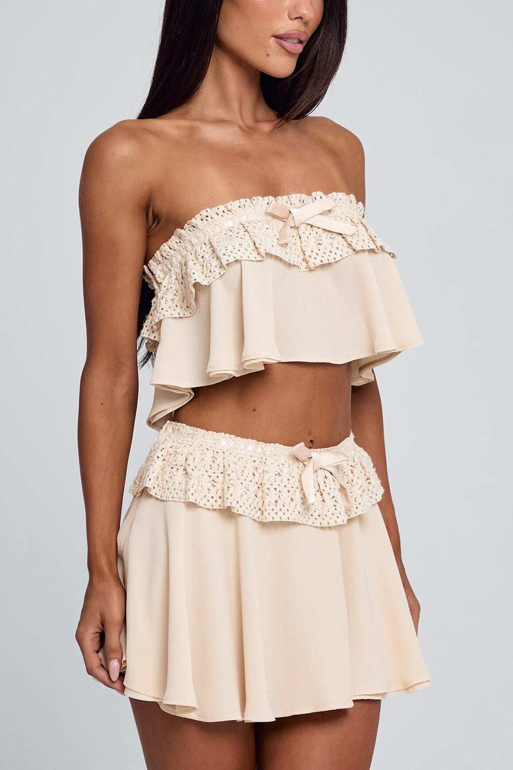 Strapless Ruffled Crop Top Guipure Mini Skirt 2pcs Set-Beige Pre Order
