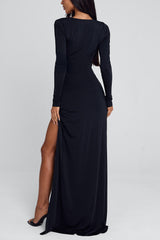 Deep V Neck Cut Out Ruched High Slit Party Maxi Dresses-Black Pre Order
