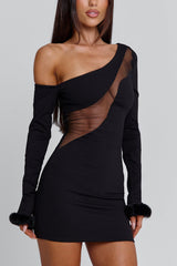 One Shoulder Mesh Fuzzy Hem Bodycon Party Mini Dresses-Black Pre Order