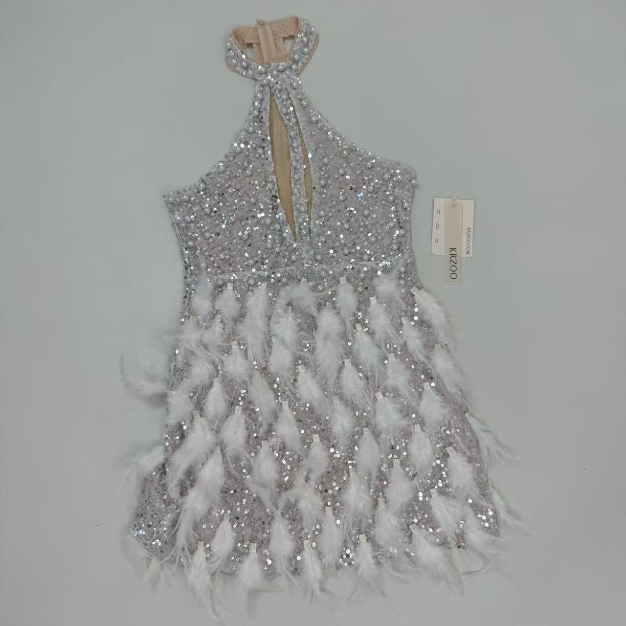 Backless pearl rhinestone feather dress