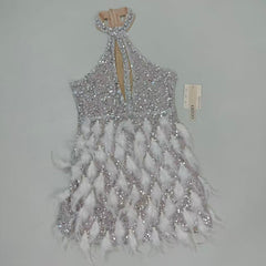 Backless pearl rhinestone feather dress