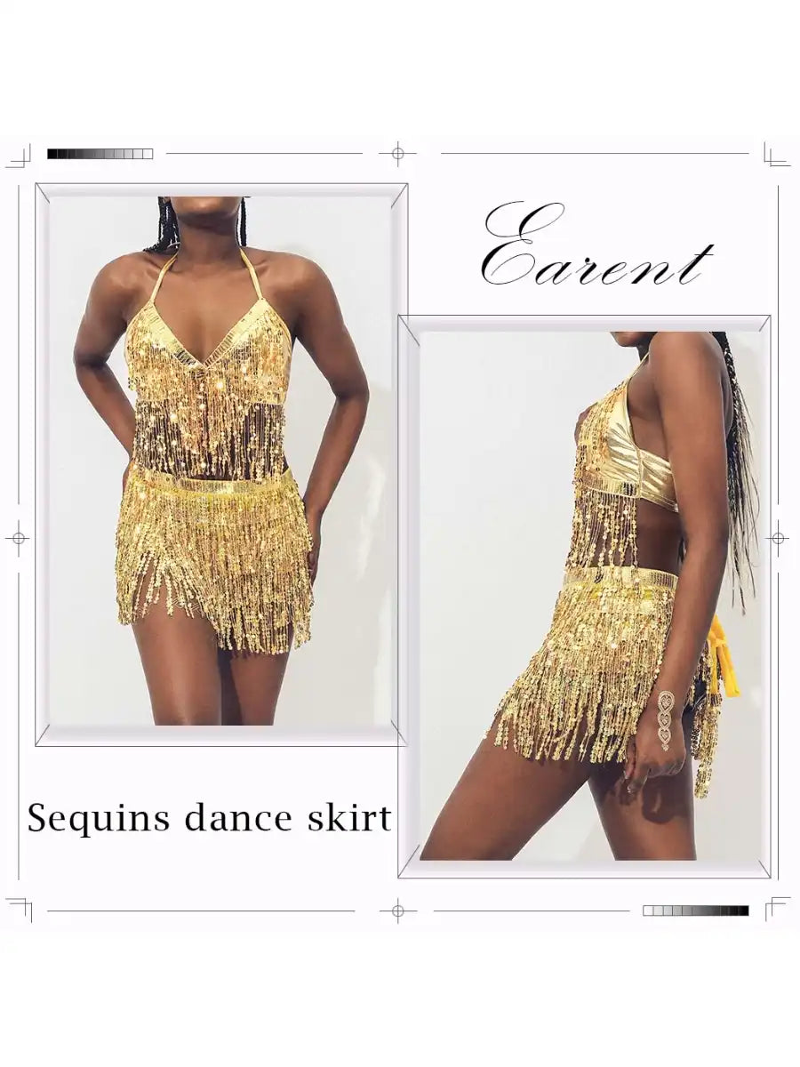 Sequin Tassel Two Piece Sets - Bra Top & Mini Skirt
