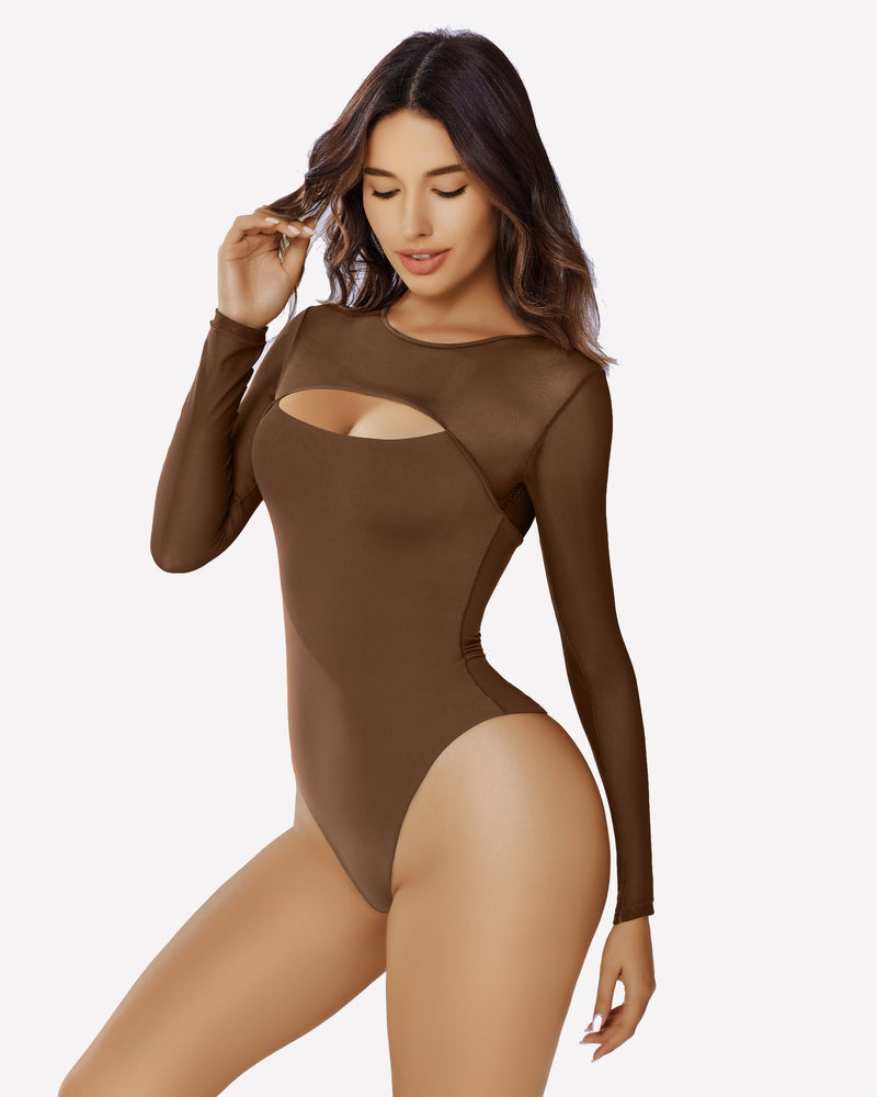 Long Sleeve Bodysuit Mesh Cutout Shirt