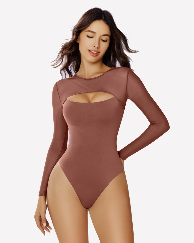Long Sleeve Bodysuit Mesh Cutout Shirt