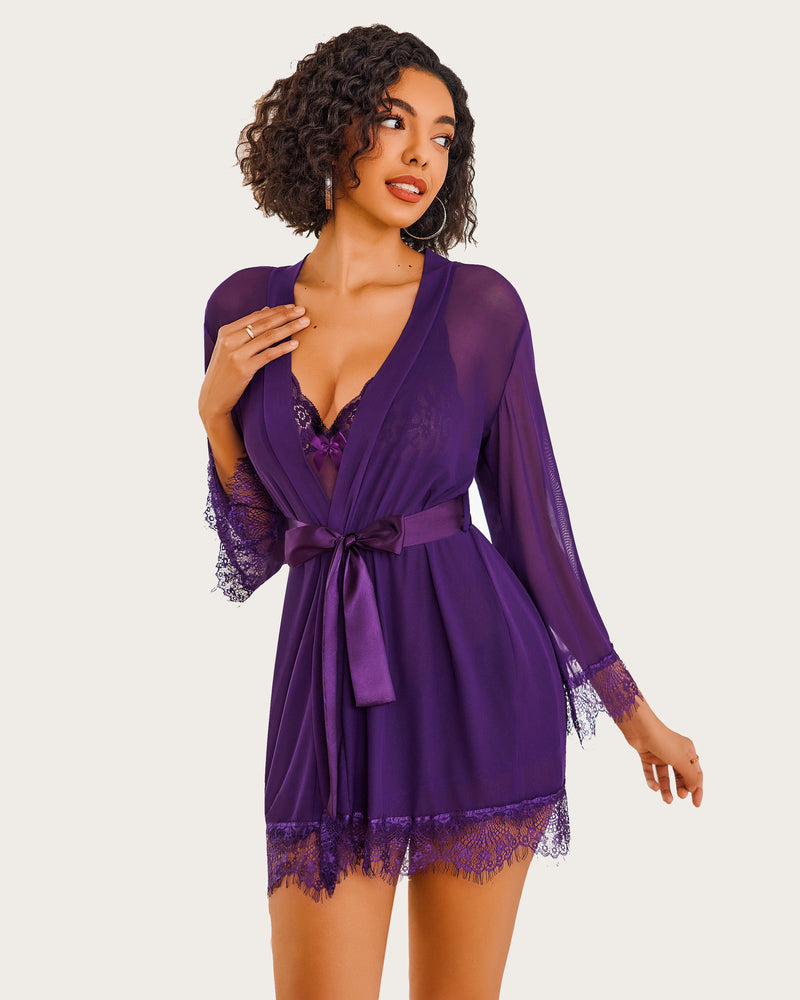 3 Piece Sets Mesh Robe with Lace Dress