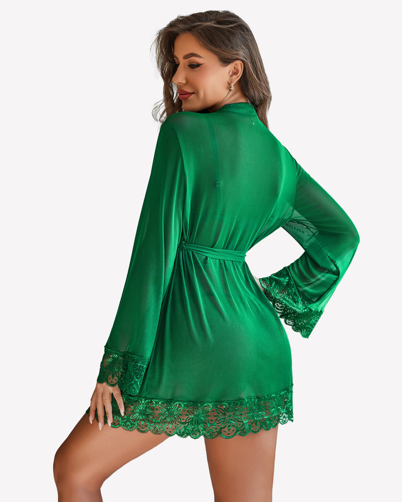 2 Piece Set Lace Teddy with Mesh Robe