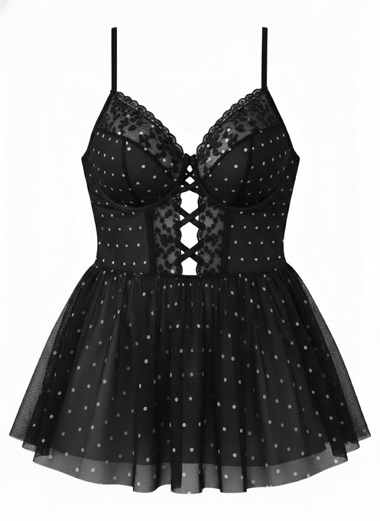 Sexy Plus Size Sheer Lace & Mesh Polka Dot Nightie for Women