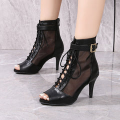 Women's Black Customized Dance Heels Rubber Sole Peep Toe Lace-up JazShoes Dance Boots