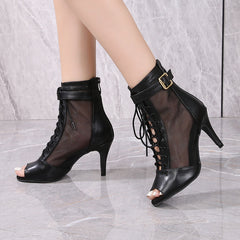 Women's Black Customized Dance Heels Rubber Sole Peep Toe Lace-up JazShoes Dance Boots