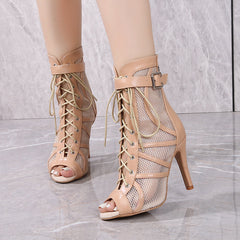Women's Apricot Customized Dance Heels Rubber Sole Peep Toe Lace-up JazShoes Dance Boots