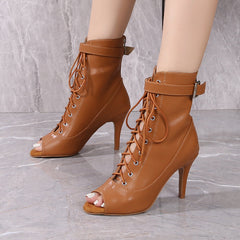 Women's Brown Customized Dance Heels Rubber Sole Peep Toe Lace-up JazShoes Dance Boots