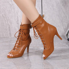 Women's Brown Customized Dance Heels Rubber Sole Peep Toe Lace-up JazShoes Dance Boots