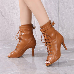 Women's Brown Customized Dance Heels Rubber Sole Peep Toe Lace-up JazShoes Dance Boots