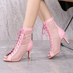 Women's Pink Customized Dance Heels Rubber Sole Peep Toe Lace-up JazShoes Dance Boots