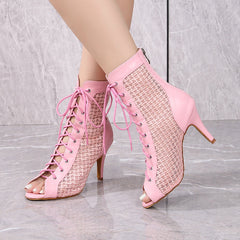 Women's Pink Customized Dance Heels Rubber Sole Peep Toe Lace-up JazShoes Dance Boots