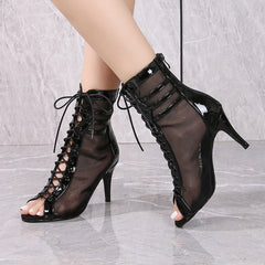 Women's Black Customized Dance Heels Rubber Sole Peep Toe Lace-up JazShoes Dance Boots