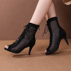 Women's Black Customized Dance Heels Rubber Sole Peep Toe Lace-up JazShoes Dance Boots
