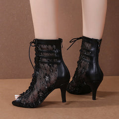 Women's Black Customized Dance Heels Rubber Sole Peep Toe Lace-up JazShoes Dance Boots