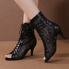 Women's Black Customized Dance Heels Rubber Sole Peep Toe Lace-up JazShoes Dance Boots