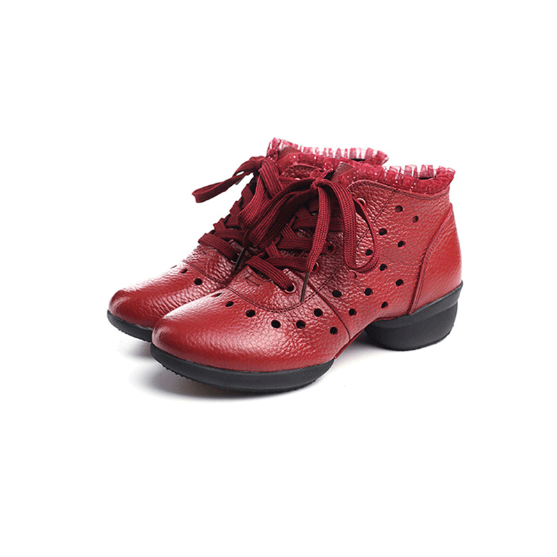 Women's Leather Hollow Out Lace-up 4cm Heel Dance Sneakers Practice Dance Shoes JazDance