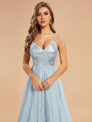 Custom Size Sparkly Spaghetti Strap A-Line Back Lace-Up Prom Dress with Tulle