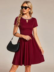 Rhinestone Neckline Short Sleeves A-Line Mini Summer  Casual Dresses