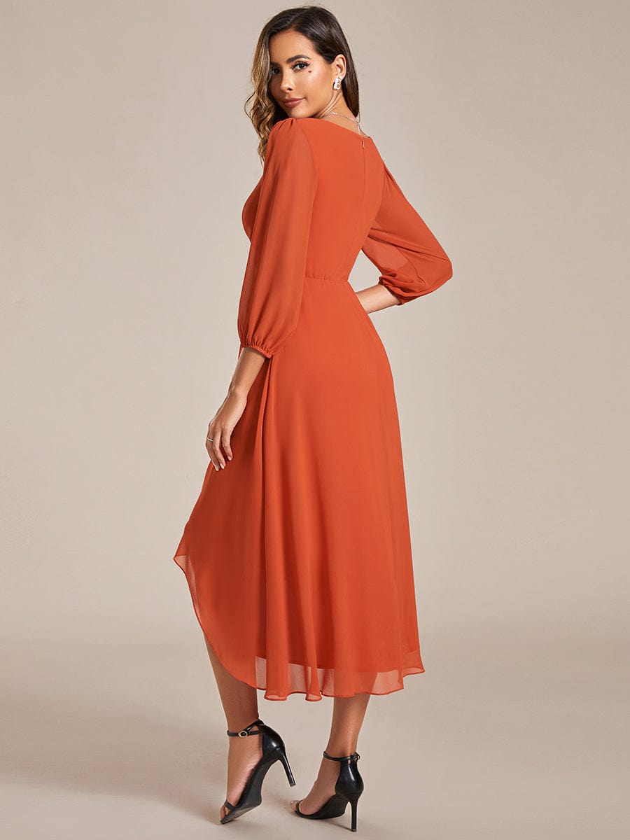 Long Sleeves Asymmetrical Hem A-Line Midi Wedding Guest Dress