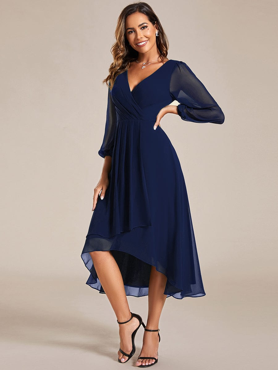 Long Sleeves Asymmetrical Hem A-Line Midi Wedding Guest Dress