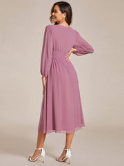 Chiffon V-Neck Long Sleeves Elastic Band Midi Wedding Guest Dress