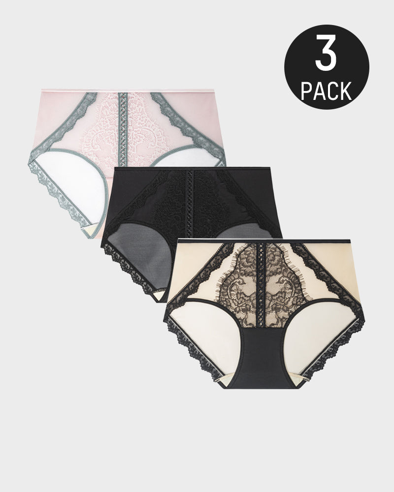 Elegant Antibacterial Mulberry Silk Mid-Waist Lace Panel Panties (3 Pack)
