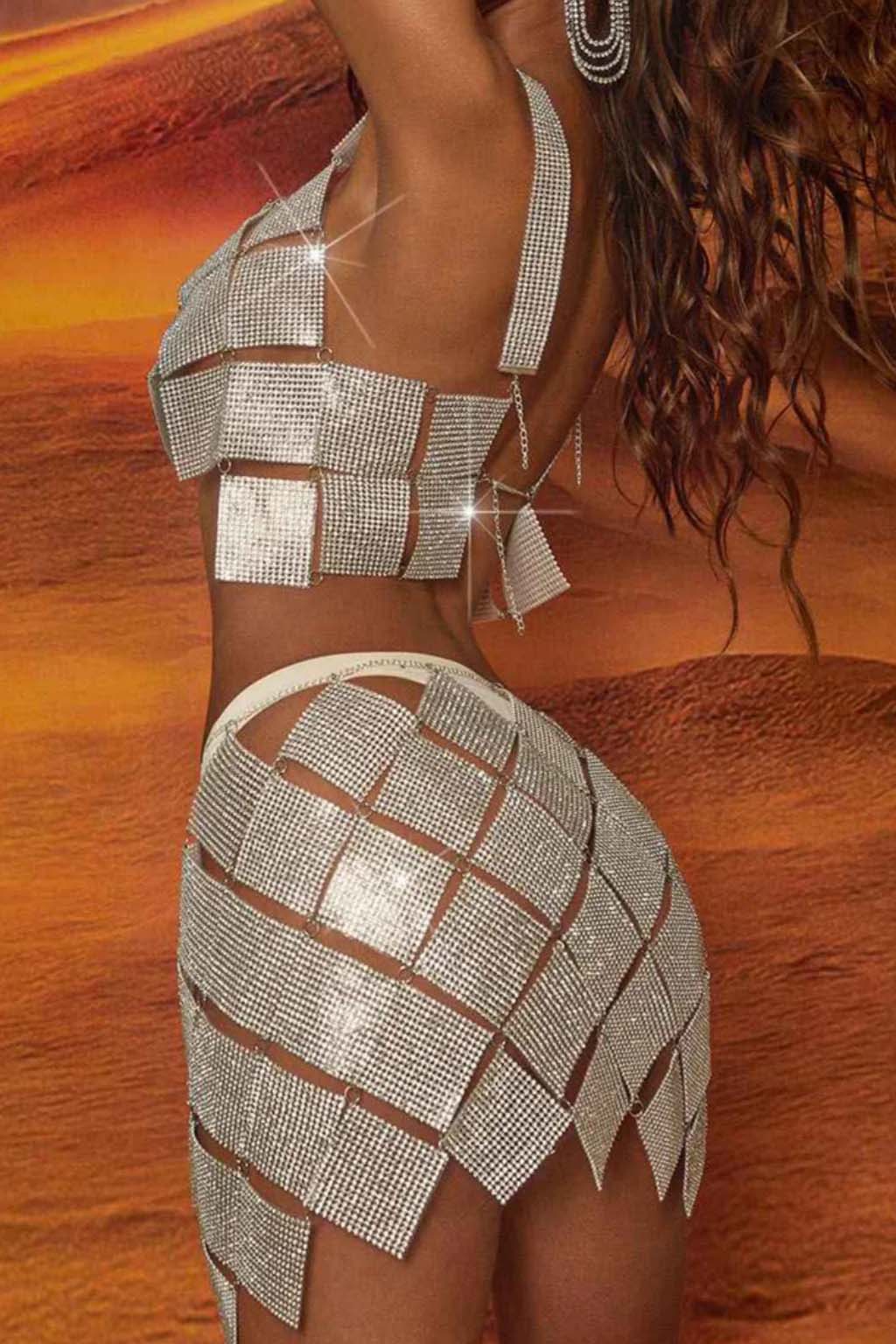 Sparkly Silver Two Piece Set - Mini Skirt & Disco Bra Top