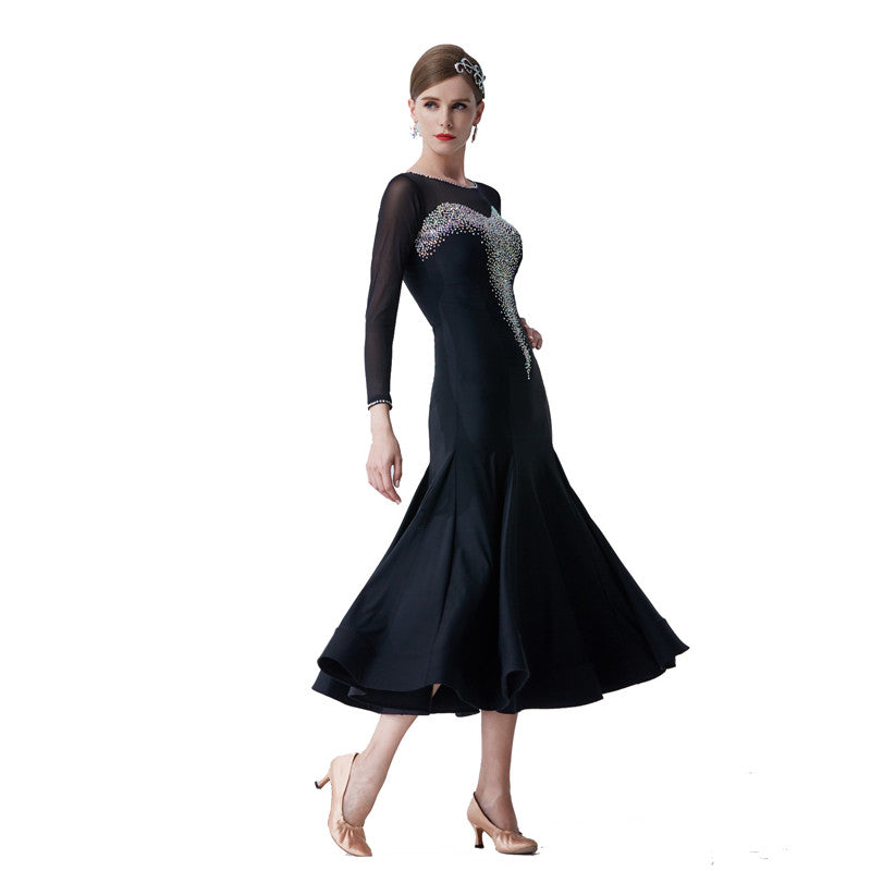 YUN Customisable-Women's Long Sleeve Mesh DiamonDress For Ballroom Dancing standard/Smooth Dress