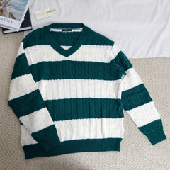 Striped twisted V-neck knitted sweater