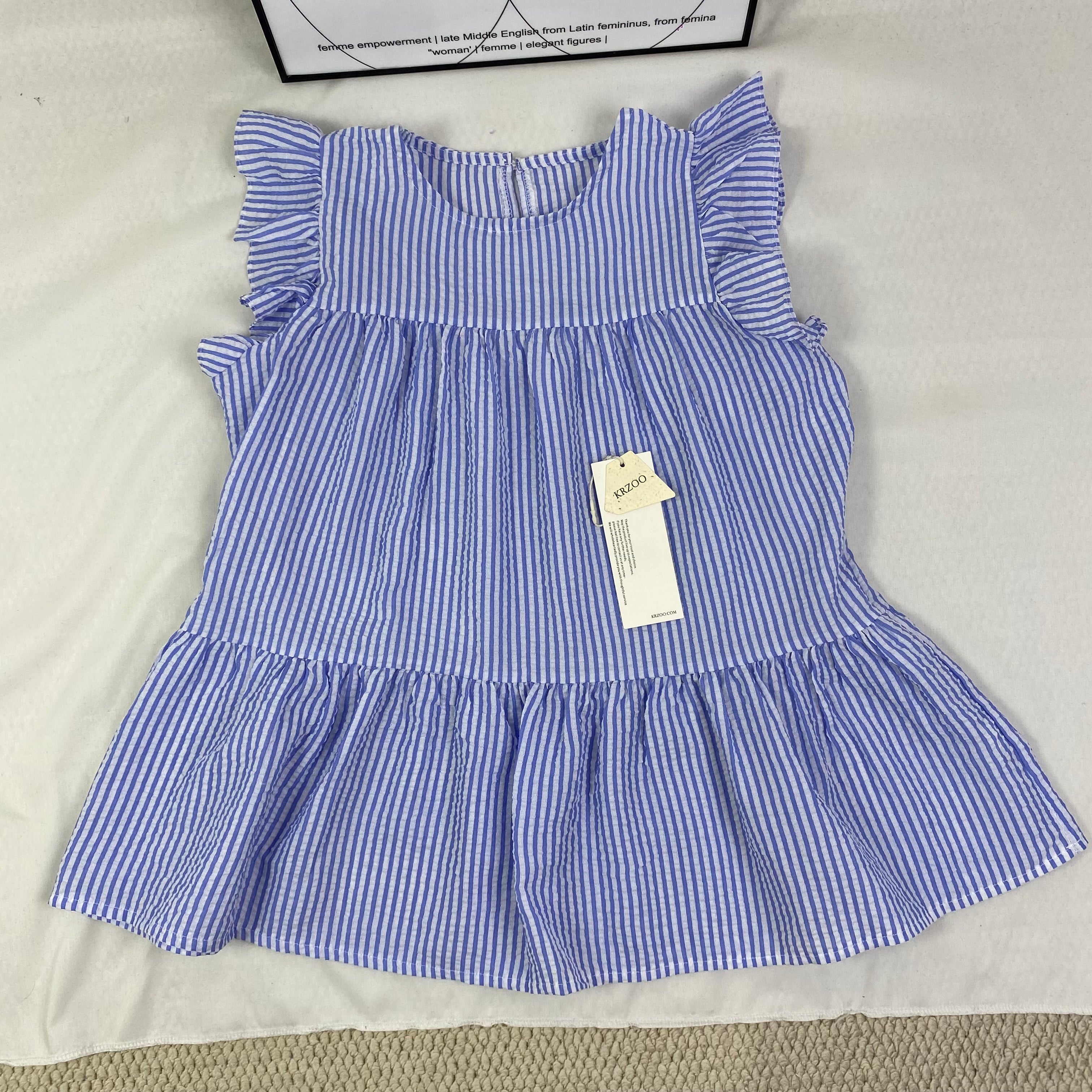 Blue and white thin striped sleeveless shirt