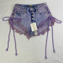 Purple strapped buttoned fringed shorts