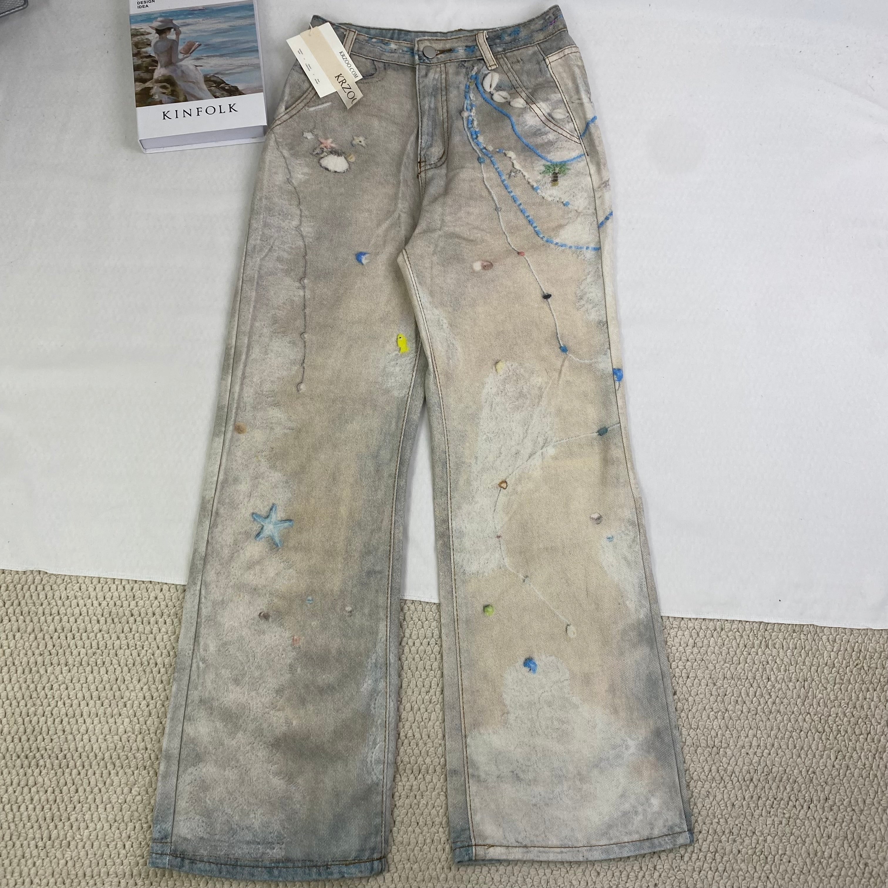3D Printed Straight Wash Denim Pants