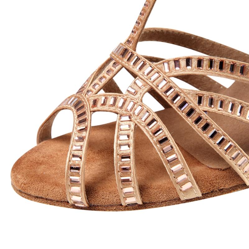 Women's Bronze Customized Heel Open Toe Satin Strappy Dance Shoes With Crystals
