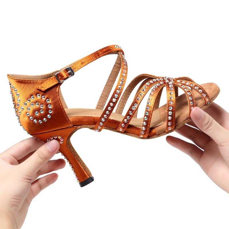Women's Bronze Customized Heel Satin Rhinestones Strappy Latin Dance Shoes