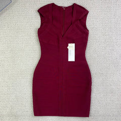 Red wine-colored tight V-neck low-cut dress