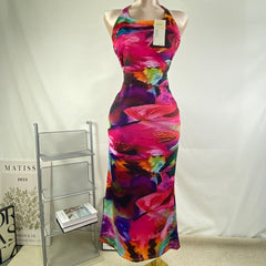 Hip-hung backless sheer neckline dress