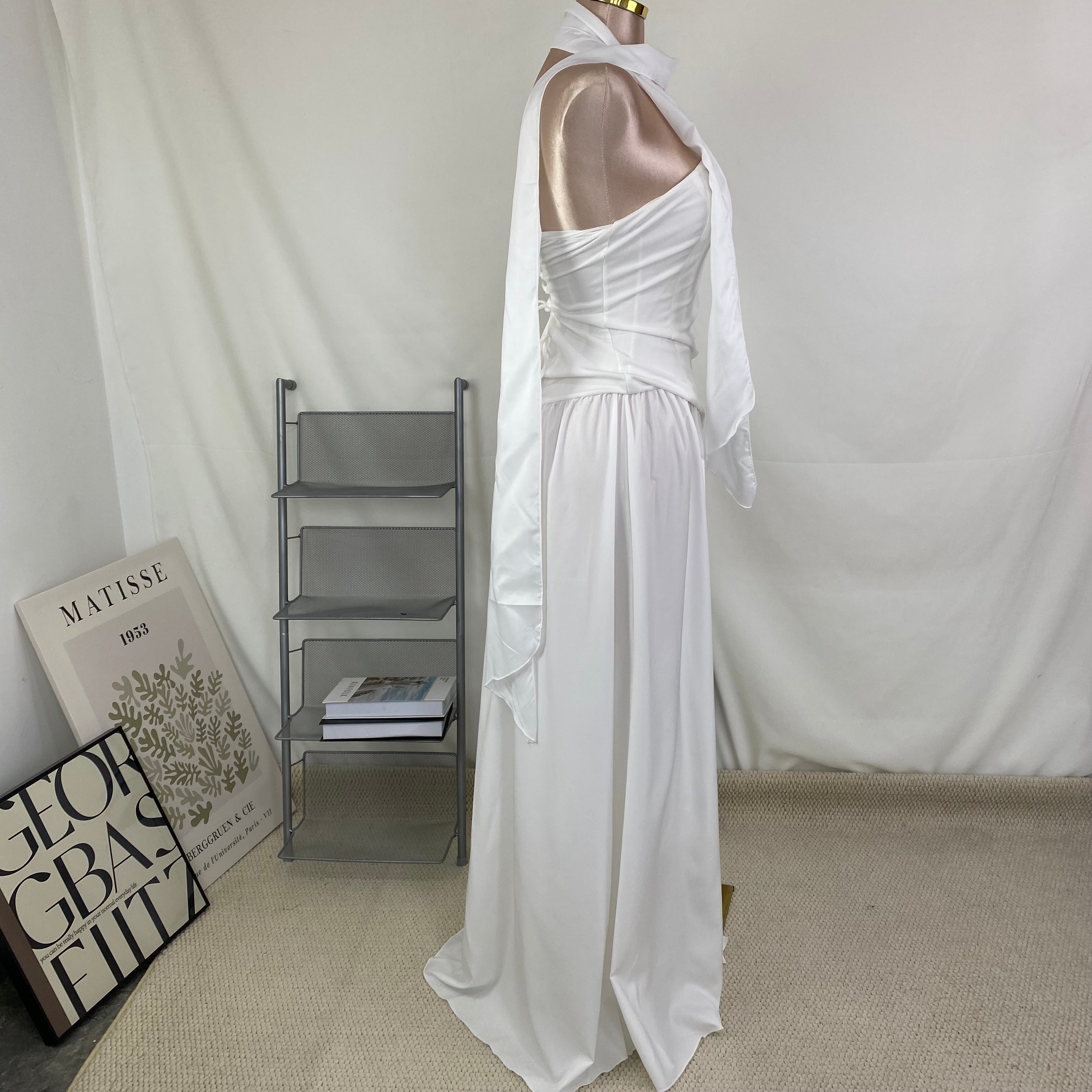Belted irregular plunging dress with frill trim