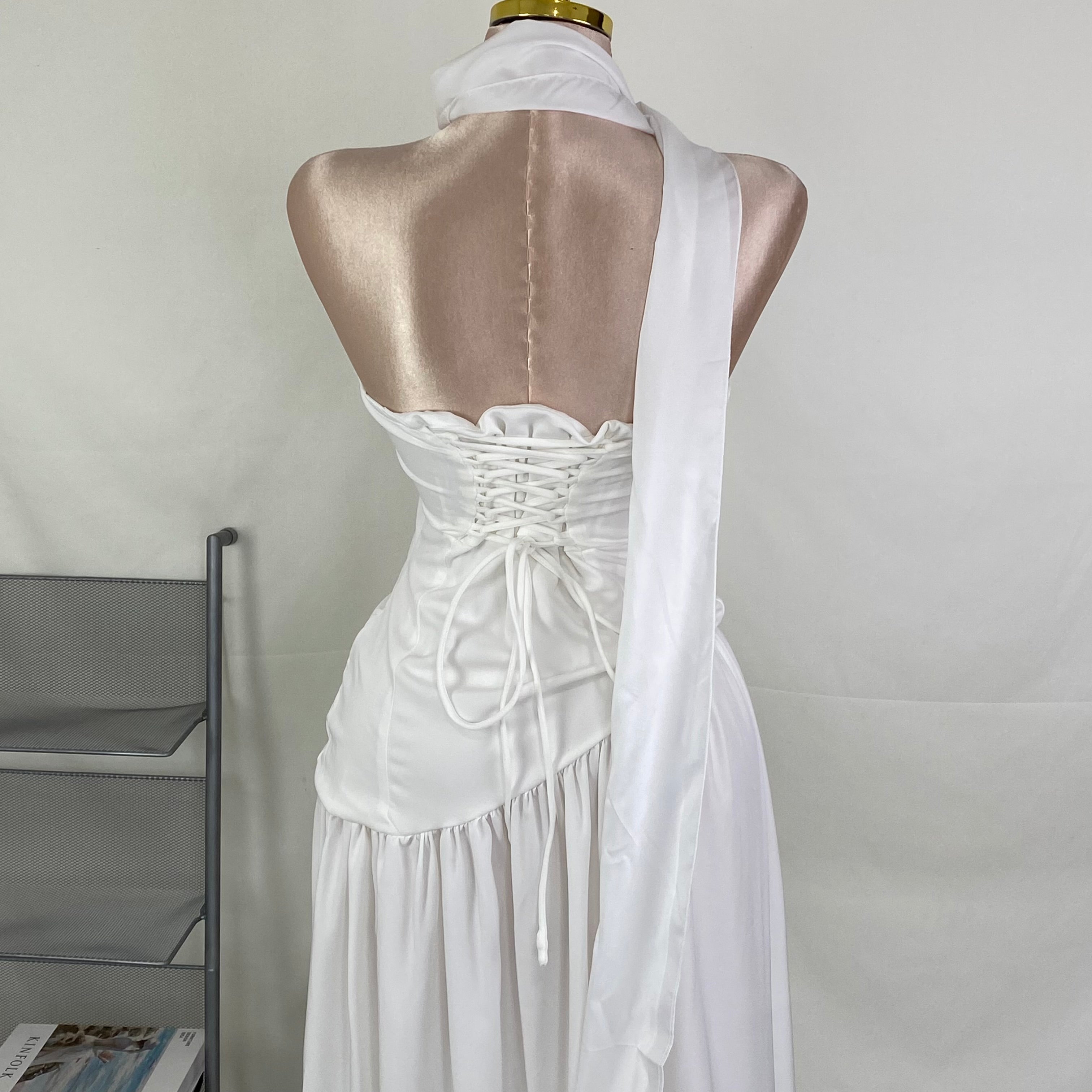Belted irregular plunging dress with frill trim