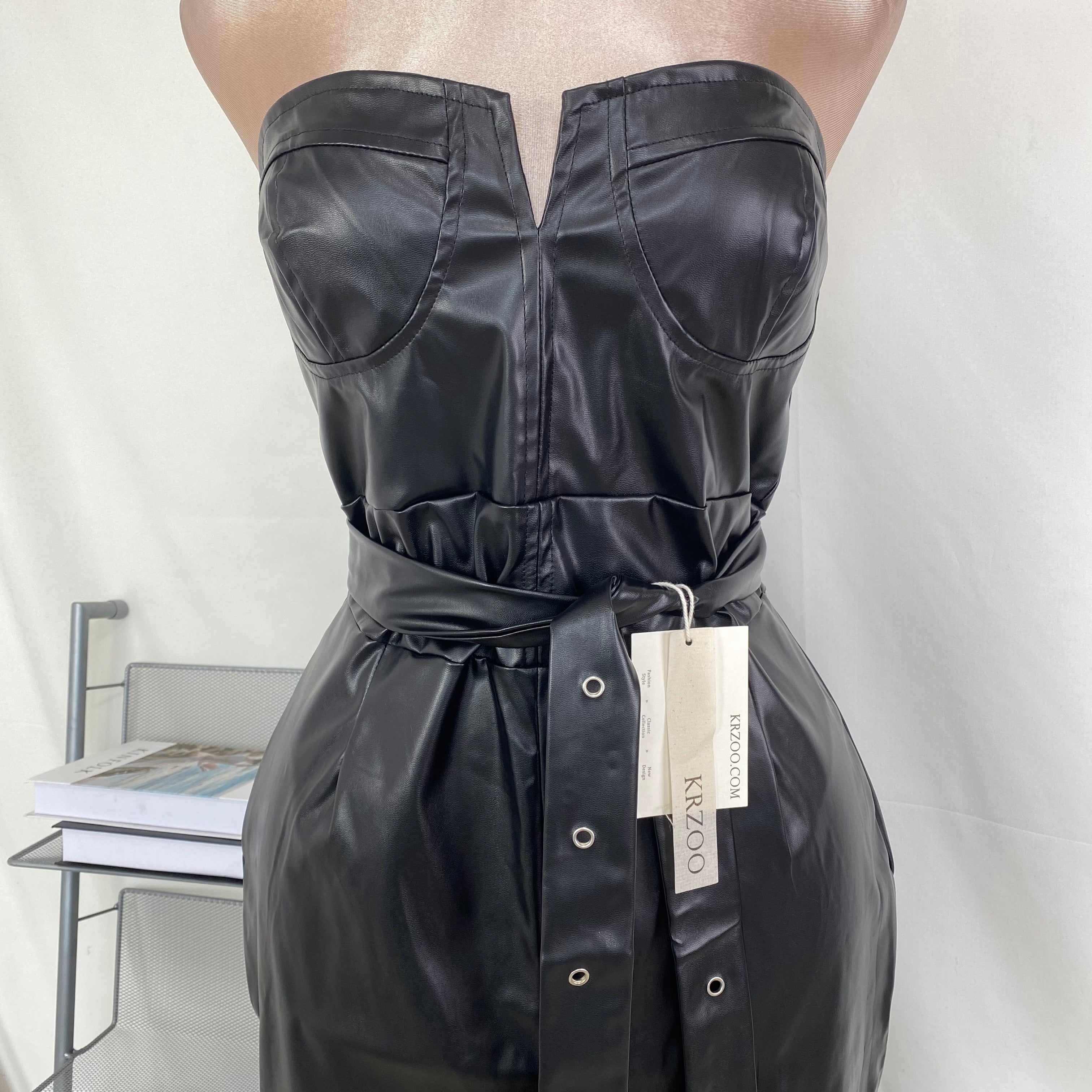 Strapless tight-fitting slit PU studded dress