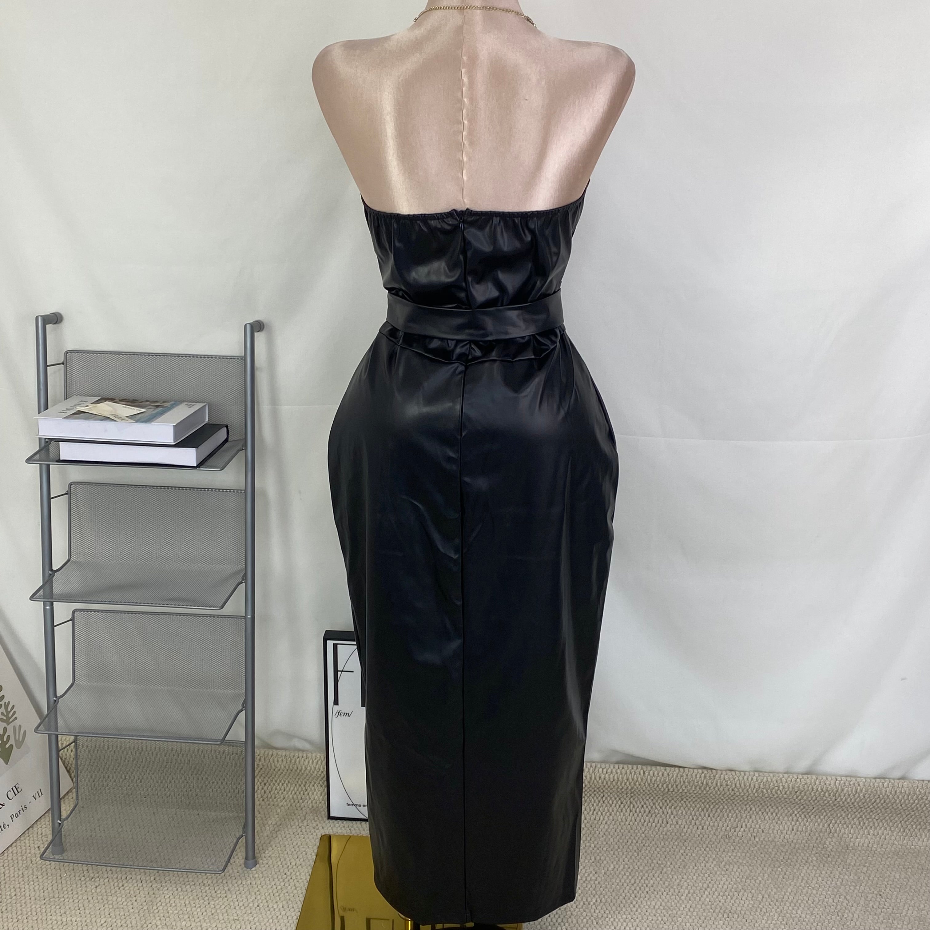 Strapless tight-fitting slit PU studded dress