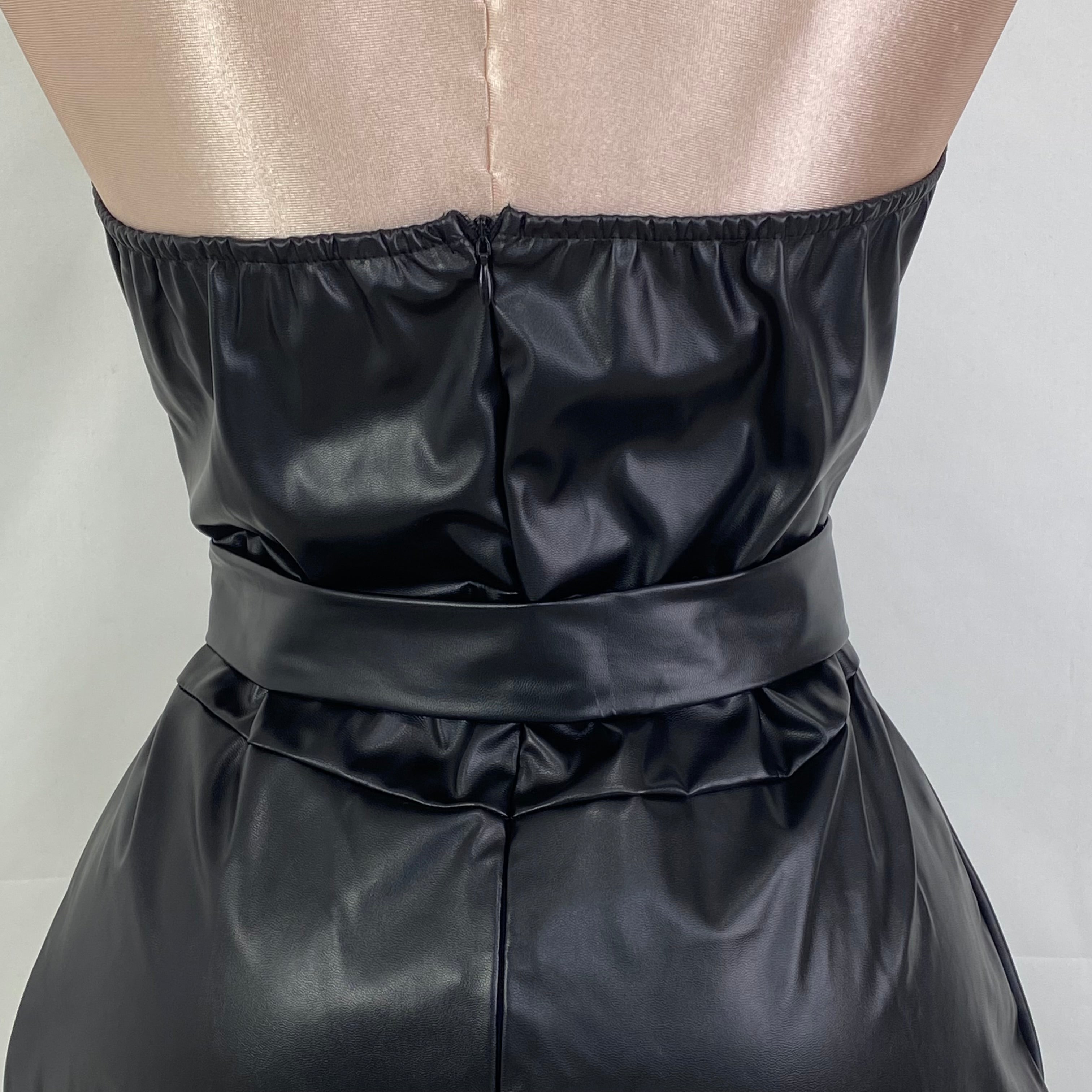 Strapless tight-fitting slit PU studded dress