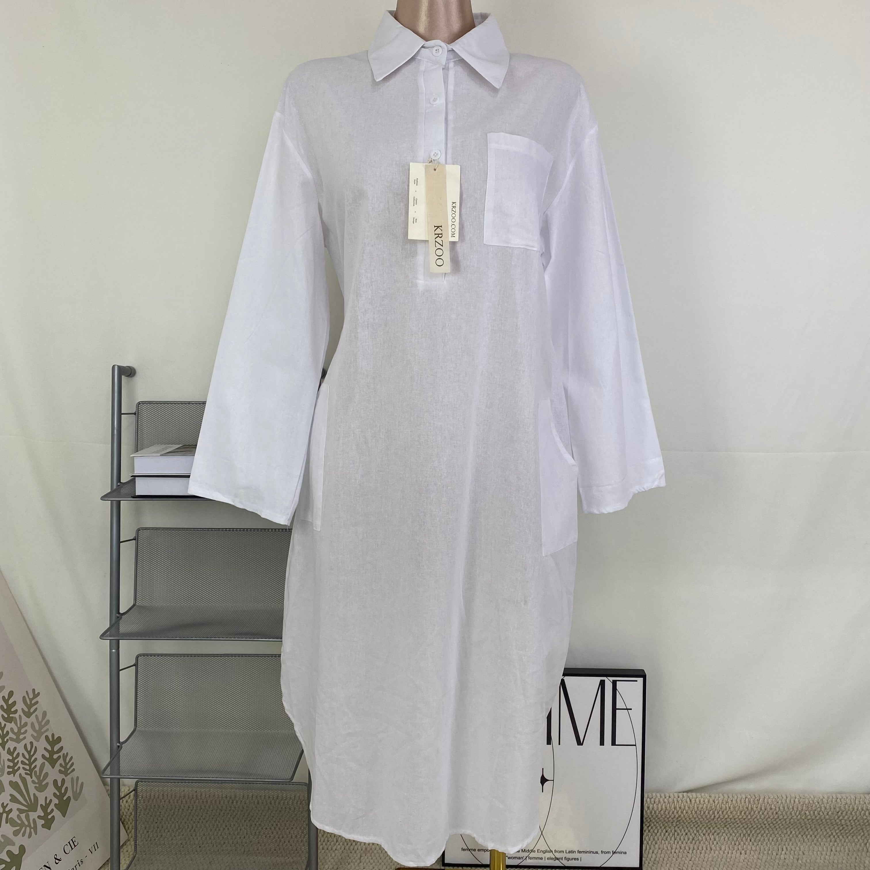 Linen stand-collar loose long blouse dress