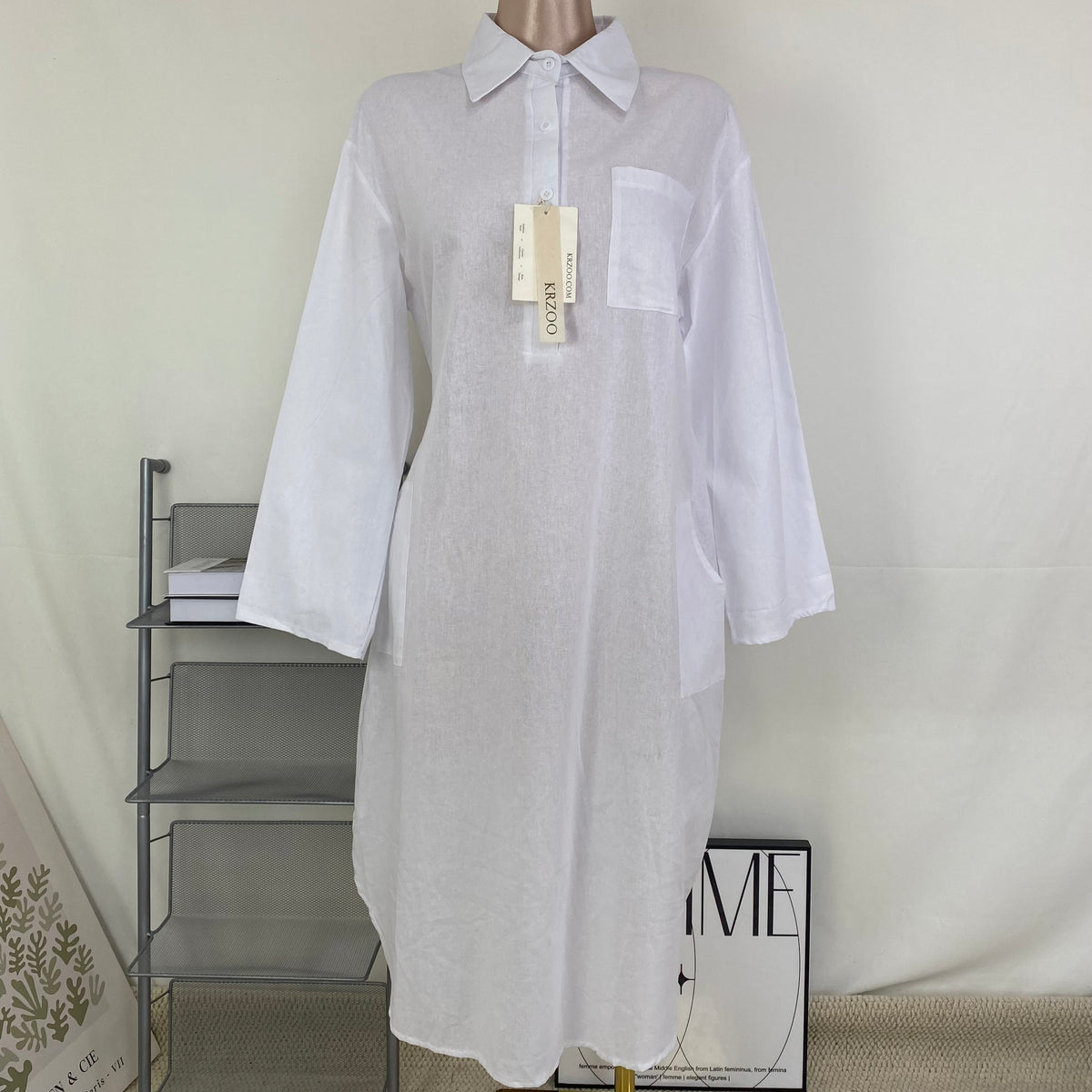 Linen stand-collar loose long blouse dress