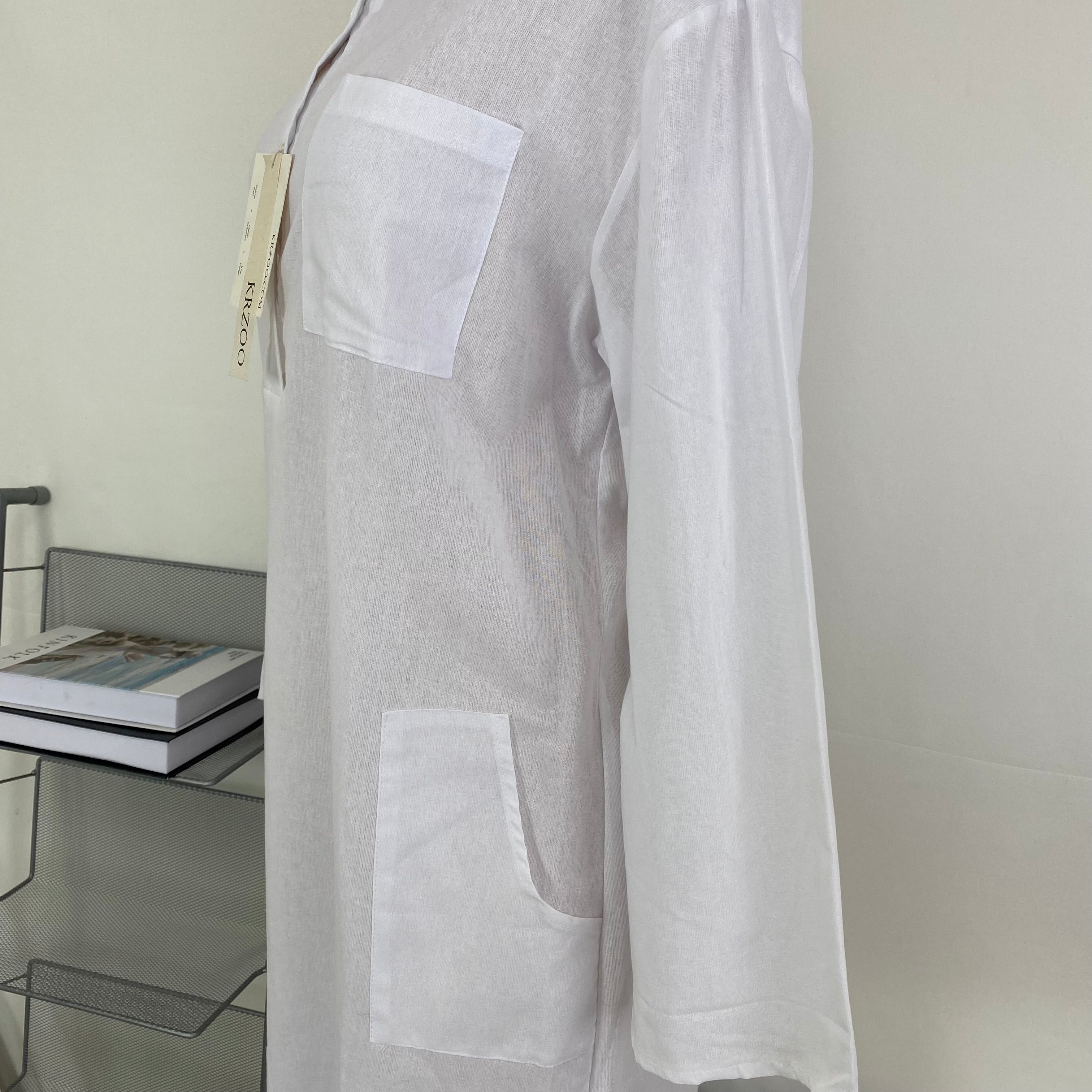 Linen stand-collar loose long blouse dress
